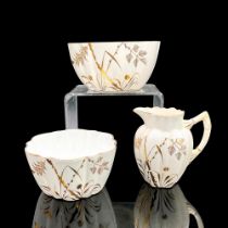 3pc Porcelain Pitcher and Bowls, Golden Leaves