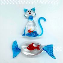 2pc Murano Glass Figurines, Cat and Candy with Fish Inside