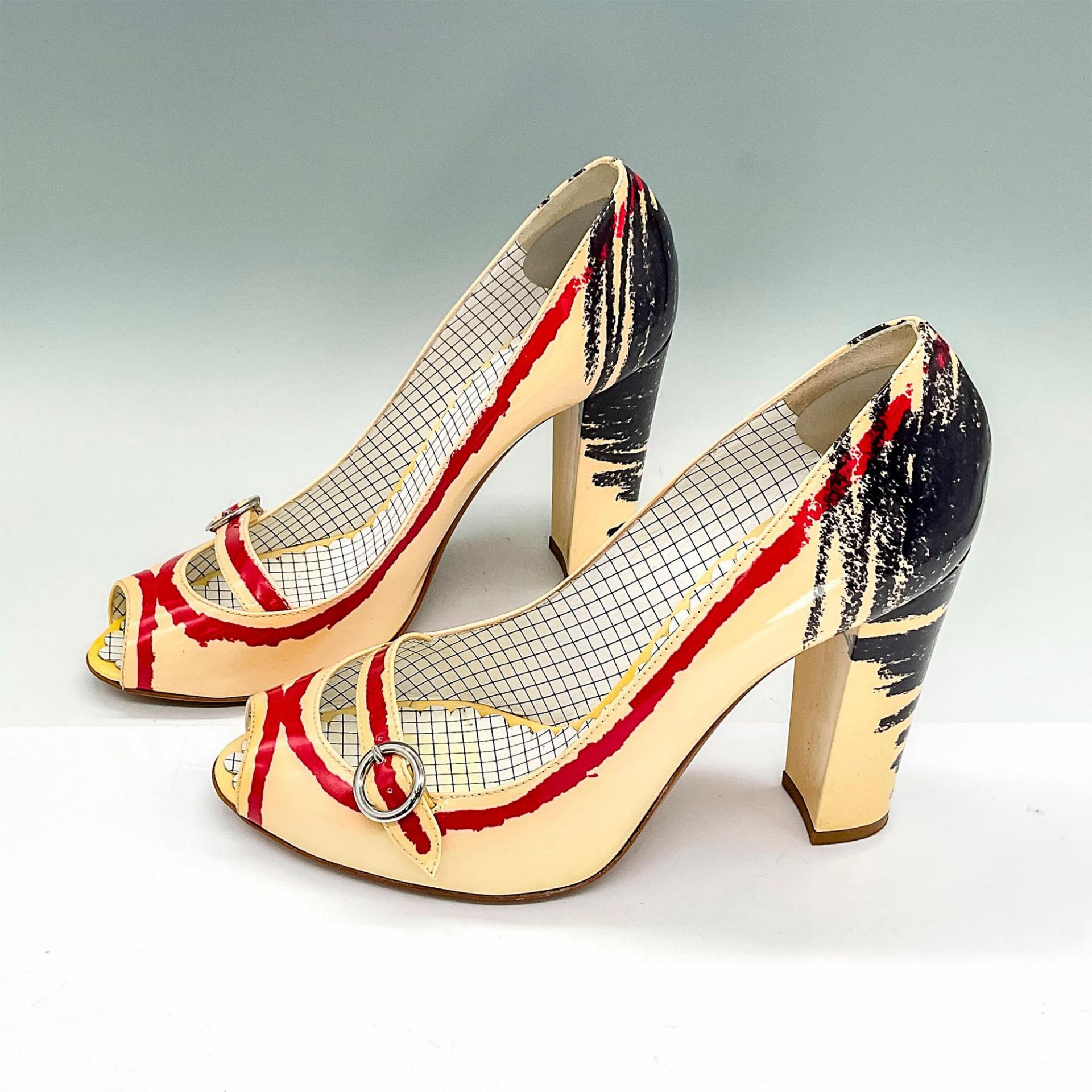 Moschino Open Toe Heels, Cream + Scribble Crayon Red/Navy - Image 3 of 6