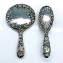 Antique Gorham Sterling Silver Ornate Floral Mirror & Brush