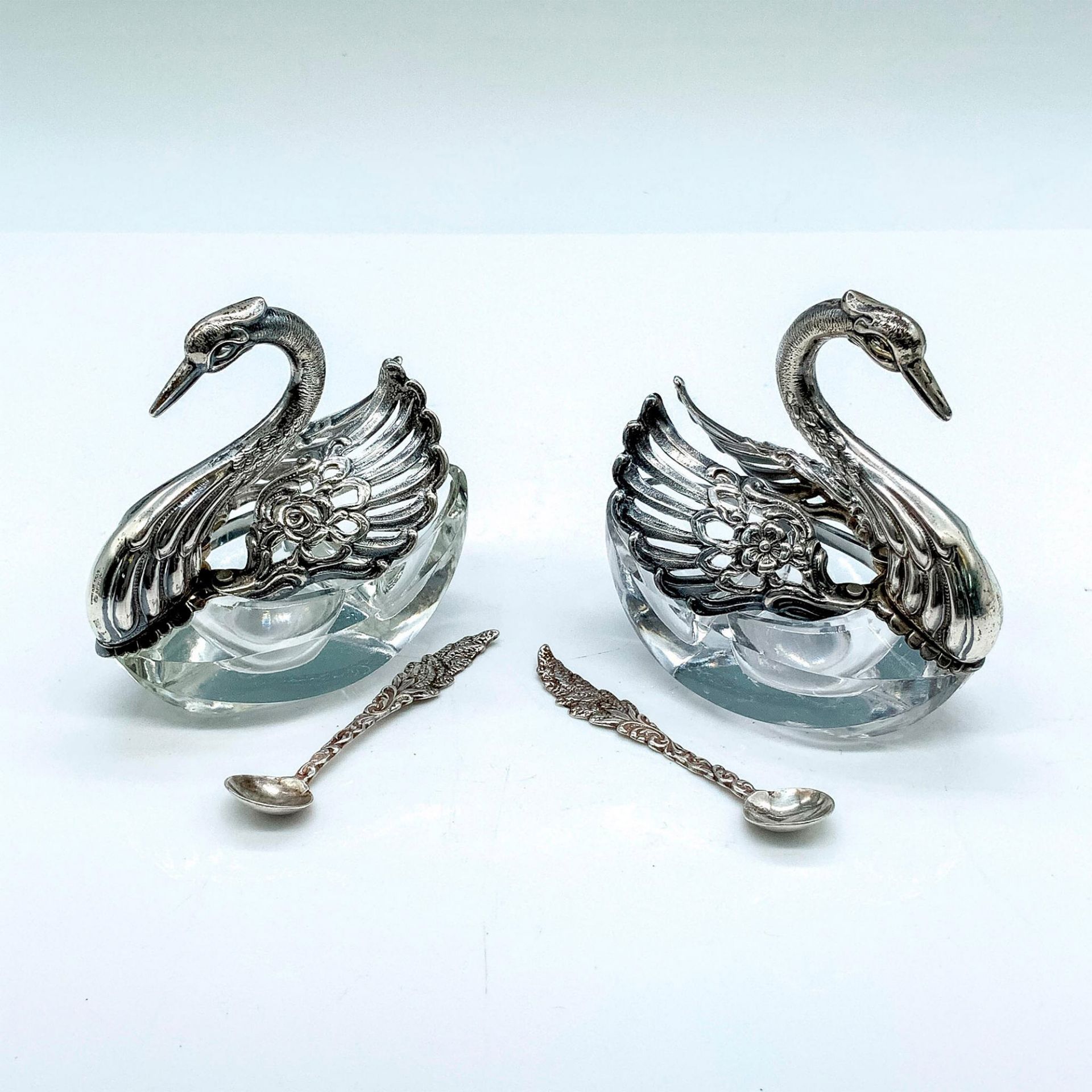 Pair of German Sterling Silver Swan Salt Cellars and Spoons