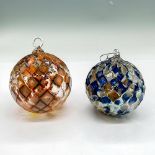 2pc Diamond Cut Hand Blown Glass Ornaments, Blue + Brown