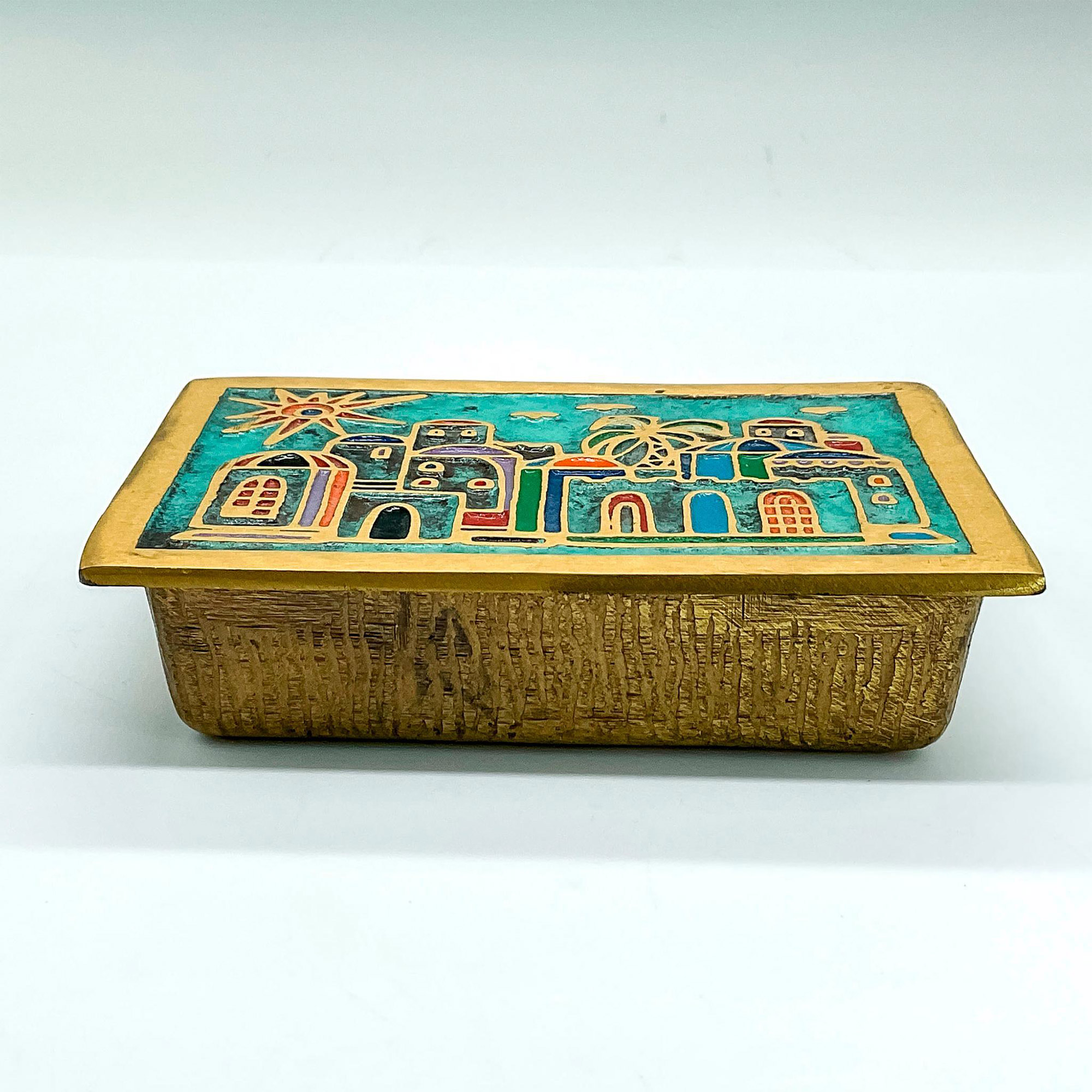 Vintage Brass Lidded Treasure Box, Cityscape and Sun