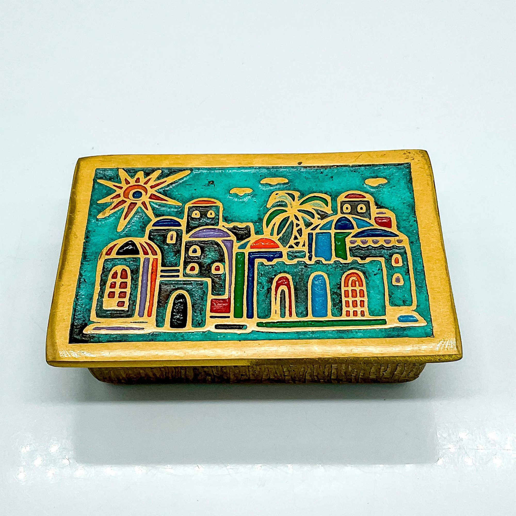 Vintage Brass Lidded Treasure Box, Cityscape and Sun - Image 2 of 4