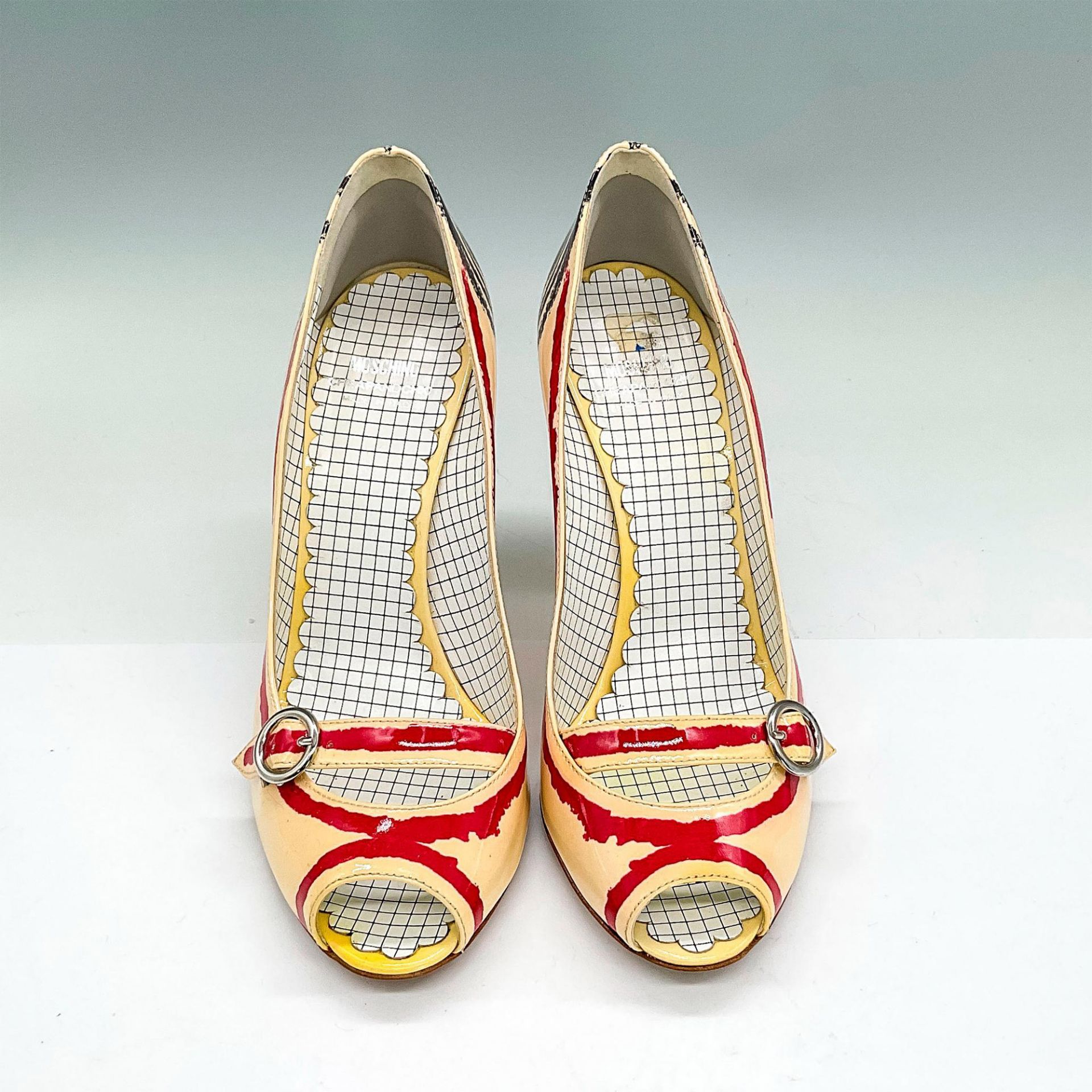 Moschino Open Toe Heels, Cream + Scribble Crayon Red/Navy - Image 2 of 6