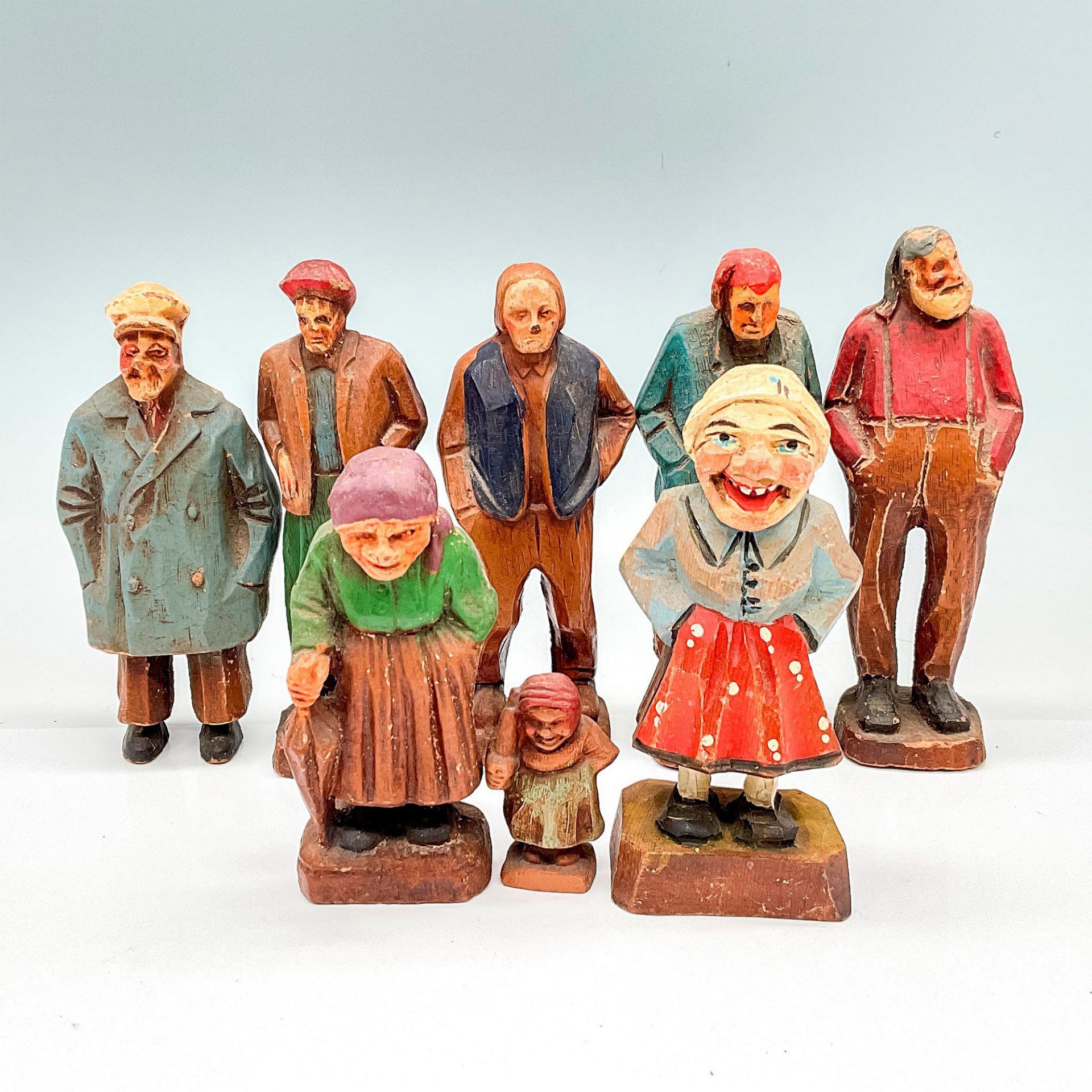 8pc Vintage Folk Art Figurines, Villagers Carved and Cast