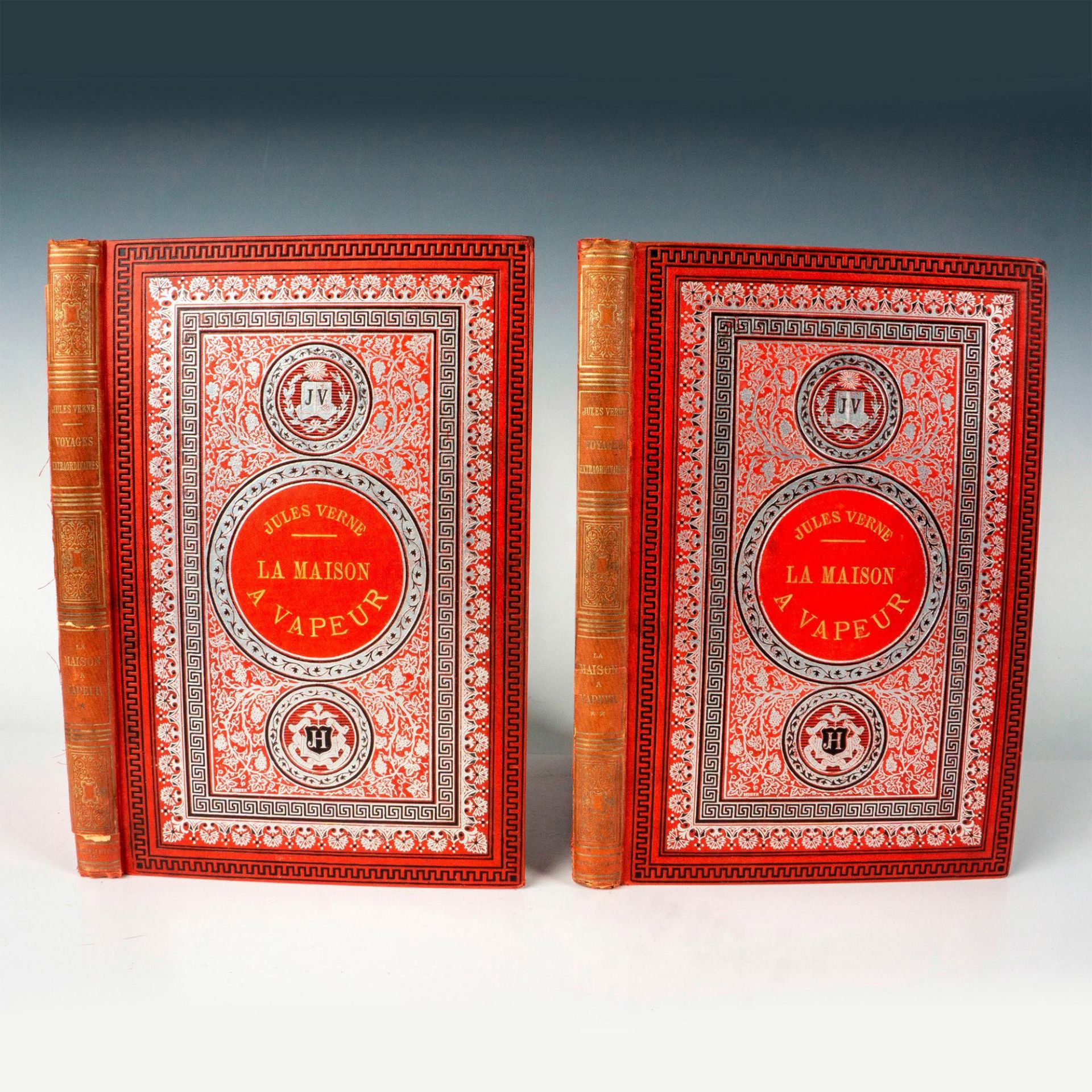 Jules Verne, 2 Vols. La Maison a Vapeur, Initiales Argentees