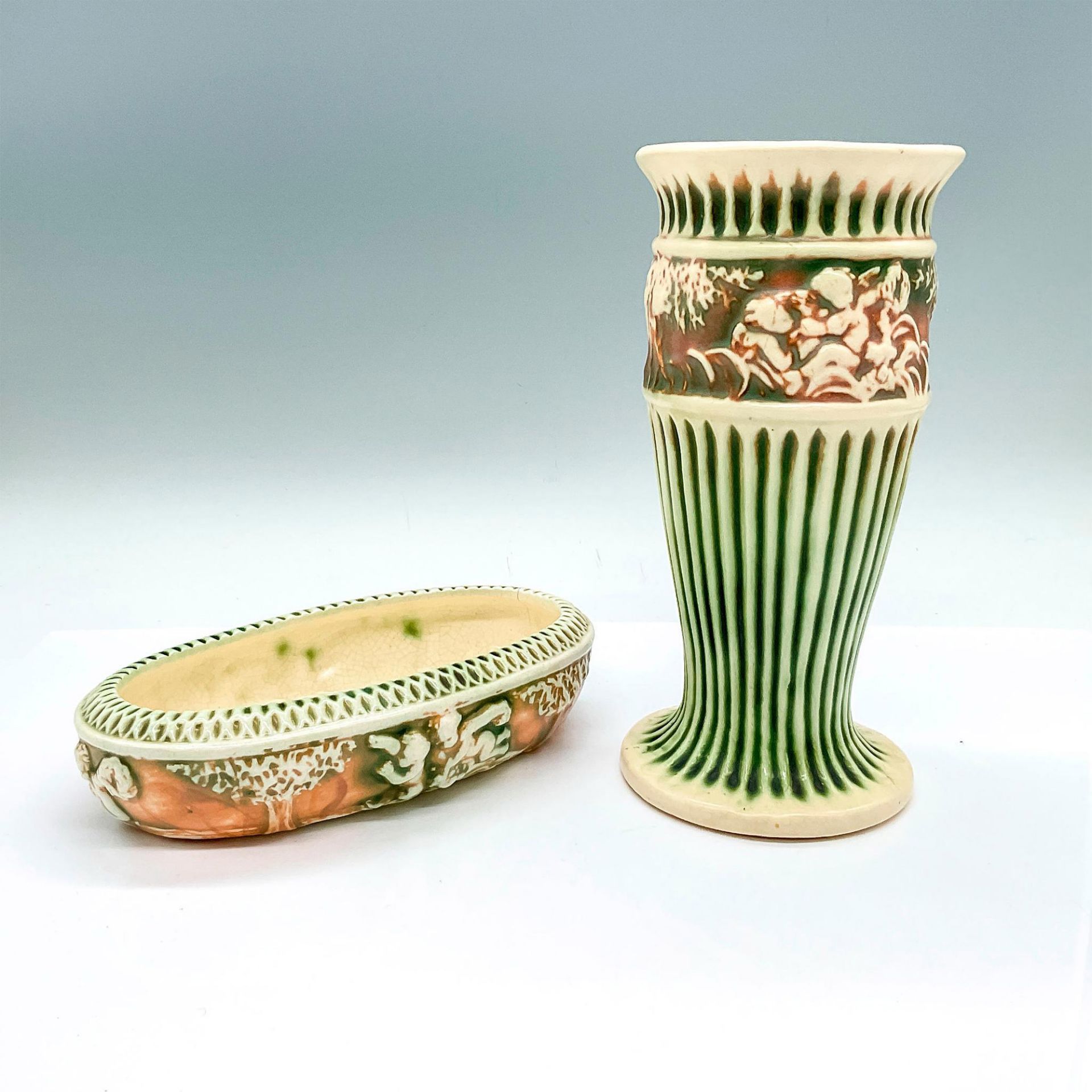 2pc Roseville Pottery Vase and Bowl, Donatello - Image 2 of 5