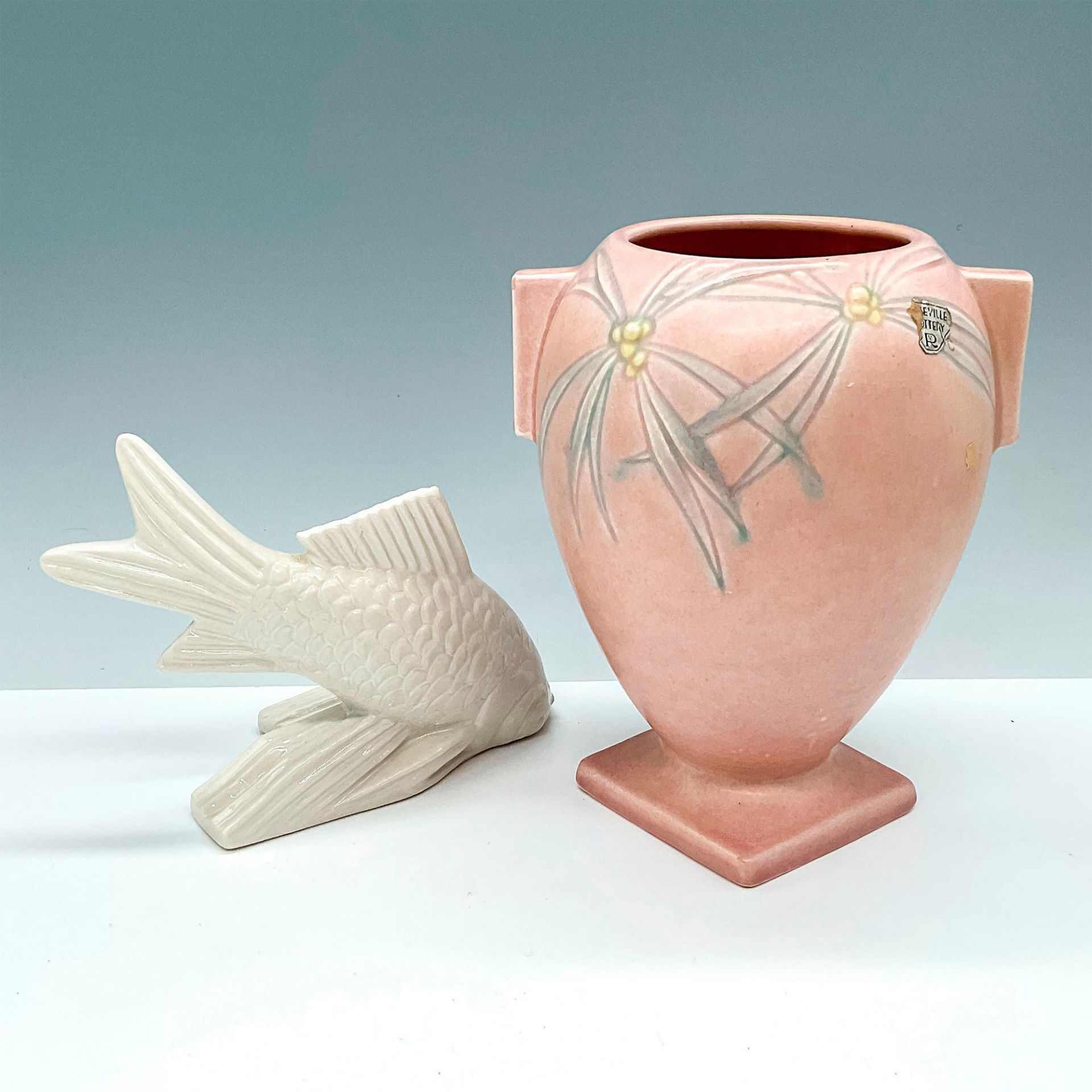 2pc Ceramic Grouping, Roseville Vase & Rookwood Flying Fish - Image 2 of 3