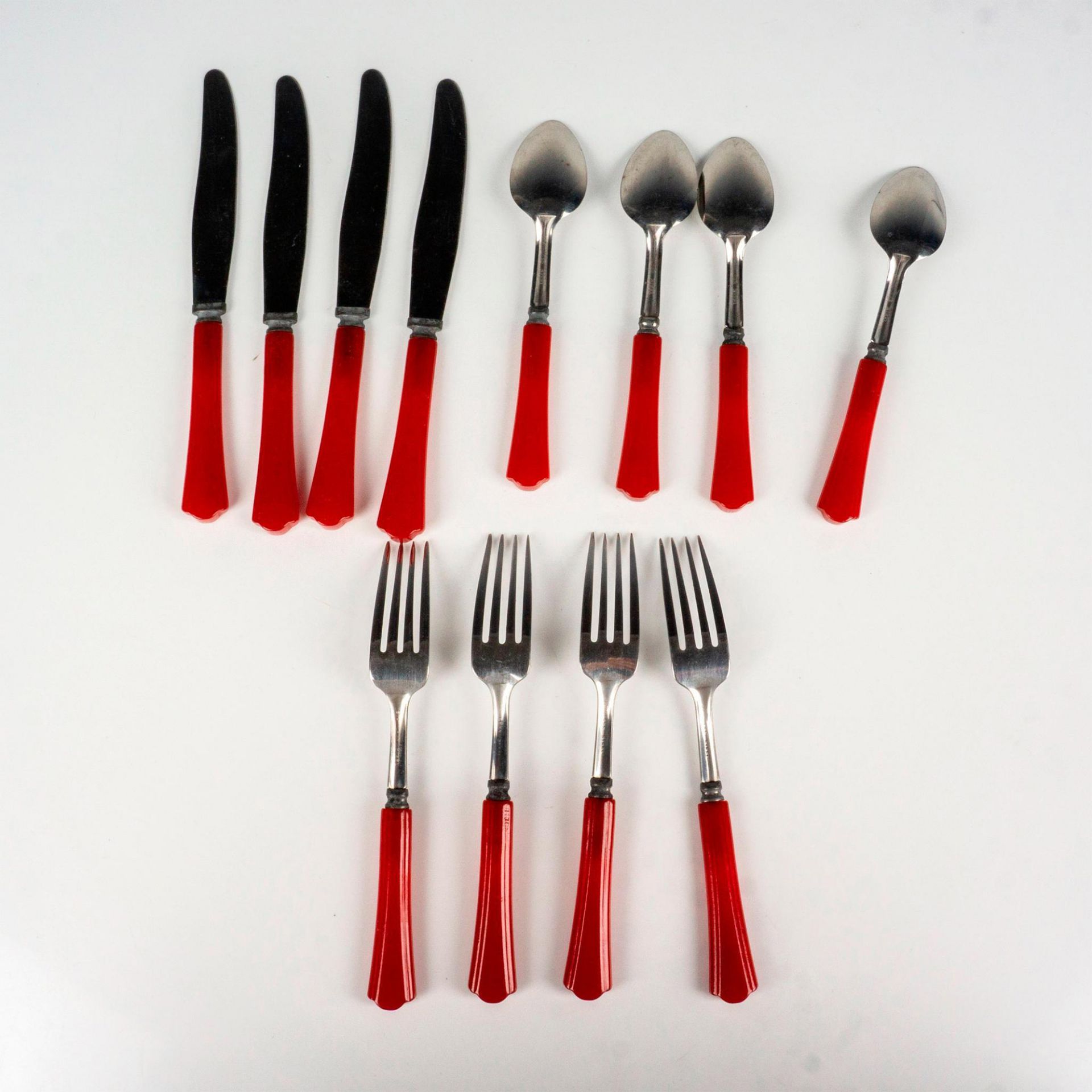 12pc Vintage Red Bakelite Silverware, Forks, Knives, Spoons - Image 3 of 5