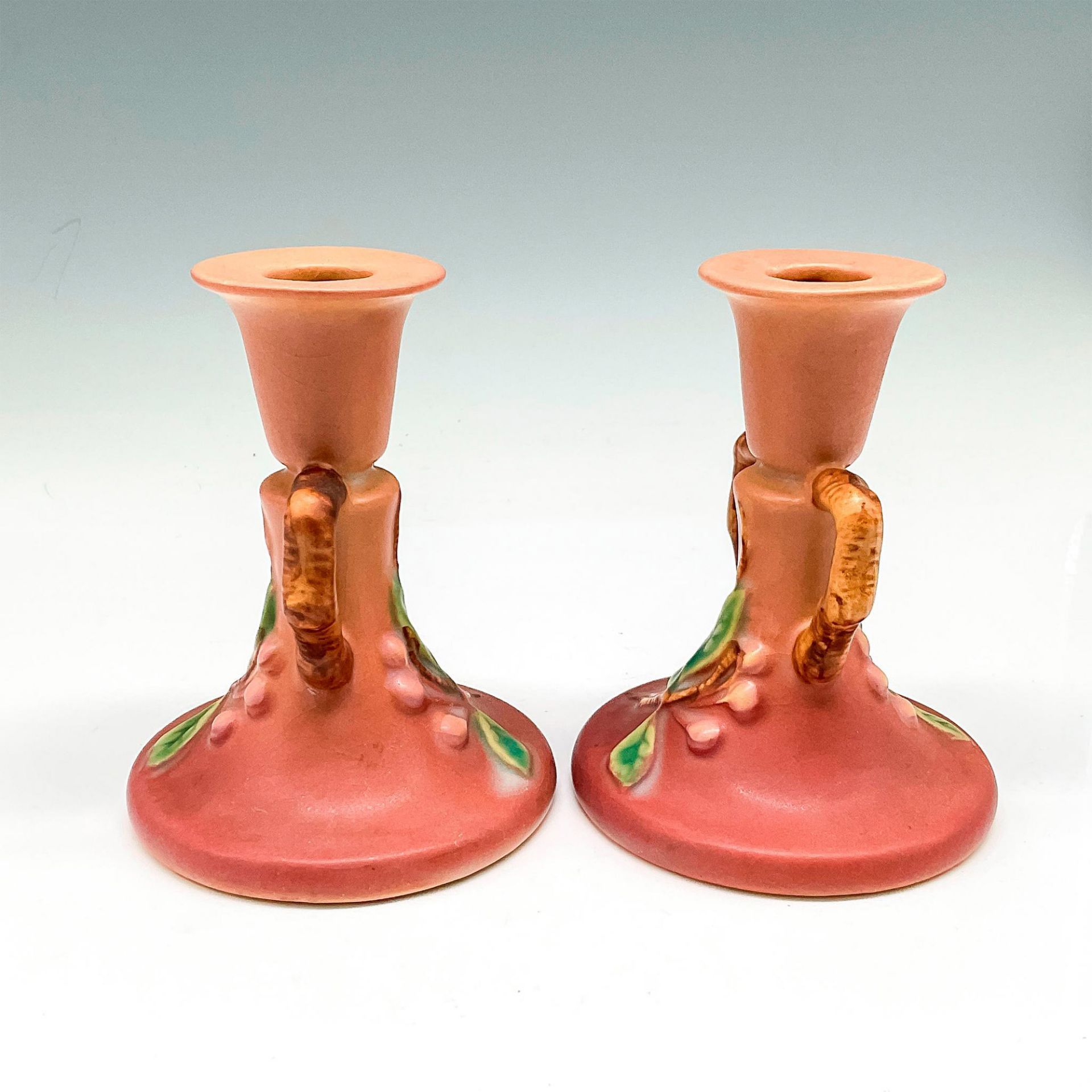 2pc Roseville Pottery Candle Holders, Snowberry Pink - Image 2 of 3