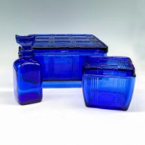 3pc Cobalt Blue Depression Glass Containers + Eye Wash