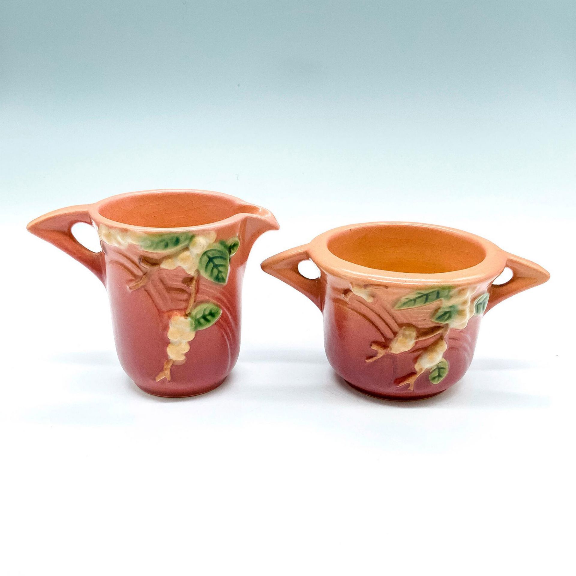 2pc Roseville Pink Snowberry Sugar Bowl and Creamer - Image 3 of 5