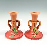 2pc Roseville Pottery Candle Holders, Snowberry Pink