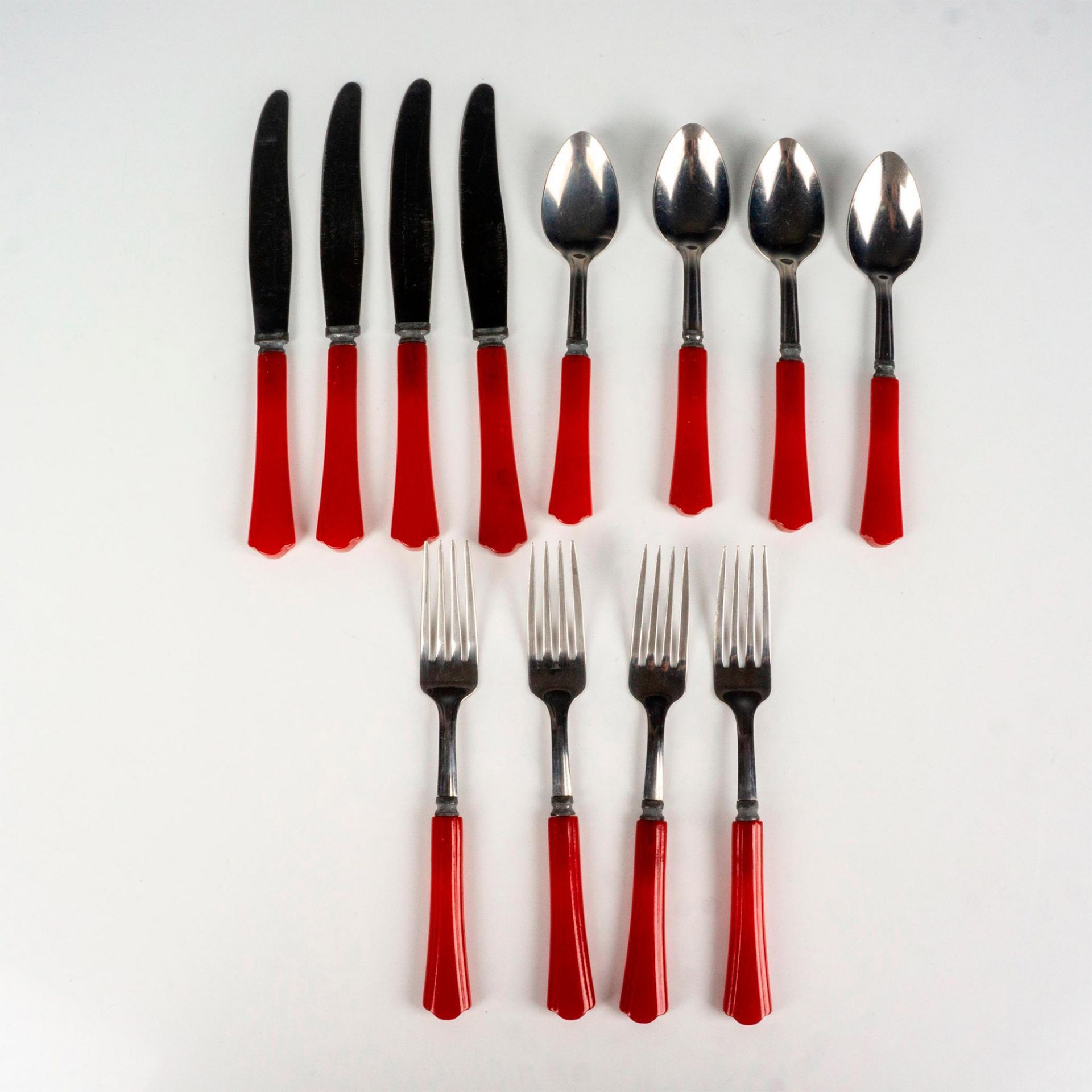 12pc Vintage Red Bakelite Silverware, Forks, Knives, Spoons