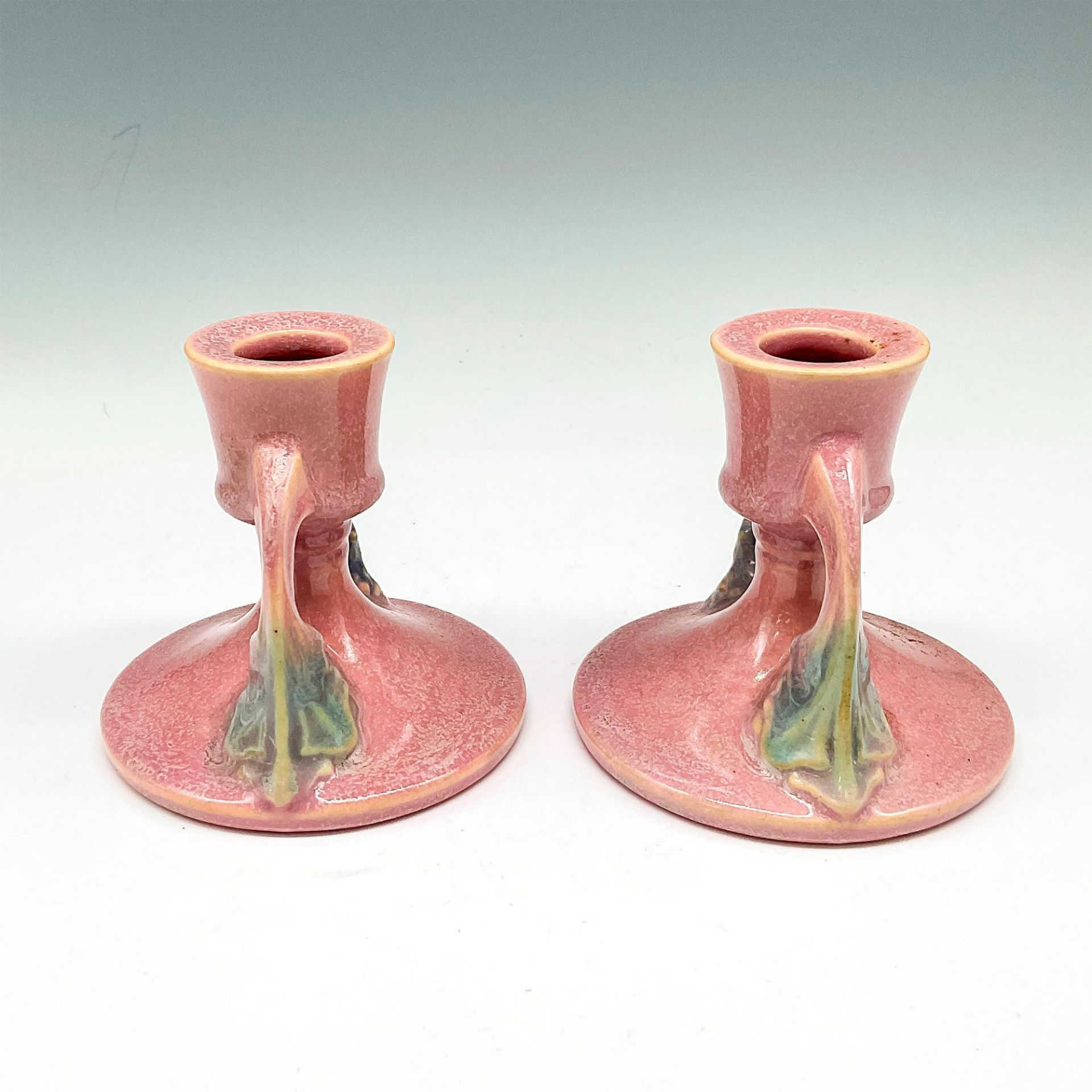 Roseville Pottery Candle Holders, Tuscany Pink - Image 2 of 3