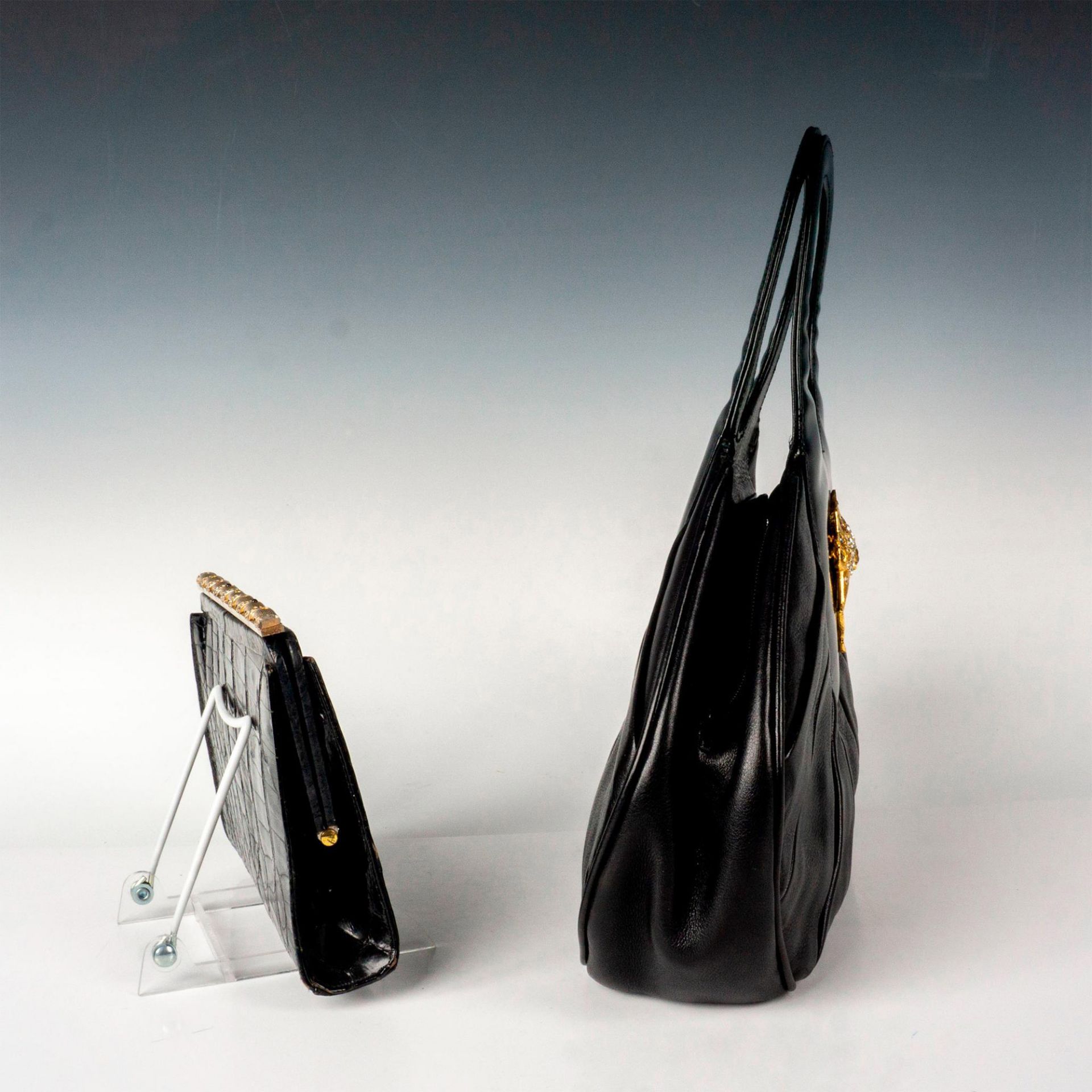 2 Handbags, Cara Lopez Black Leather, Black Alligator Clutch - Bild 3 aus 4