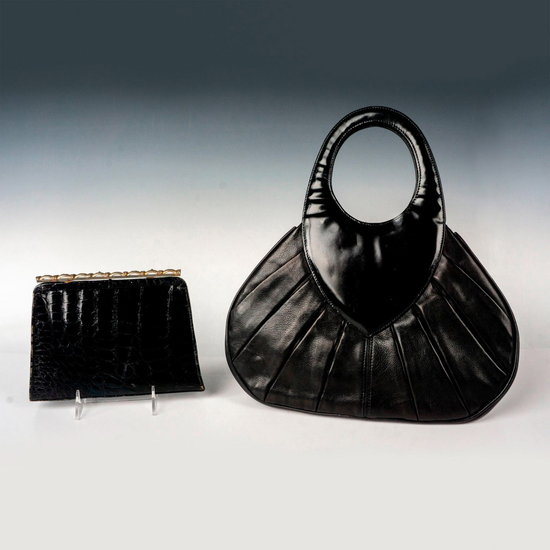 2 Handbags, Cara Lopez Black Leather, Black Alligator Clutch - Bild 2 aus 4
