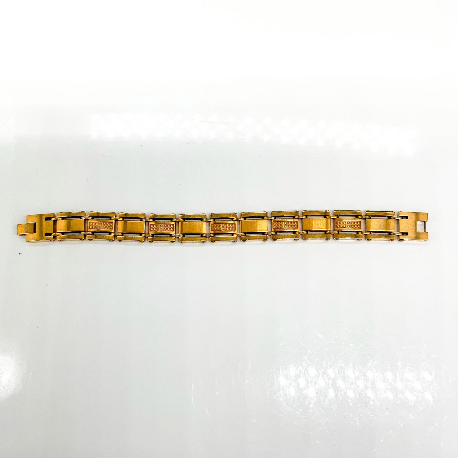 Gold Tone Stainless Steel and Rhinestone Link Bracelet - Image 2 of 4