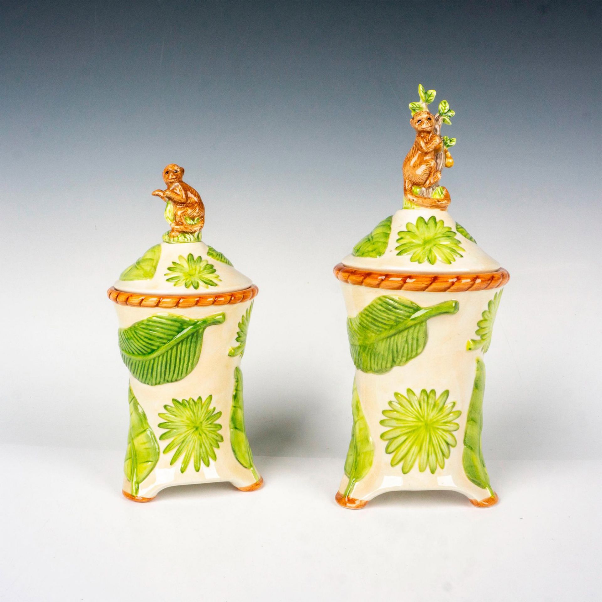Pair of American Atelier Lidded Canisters, Monkey