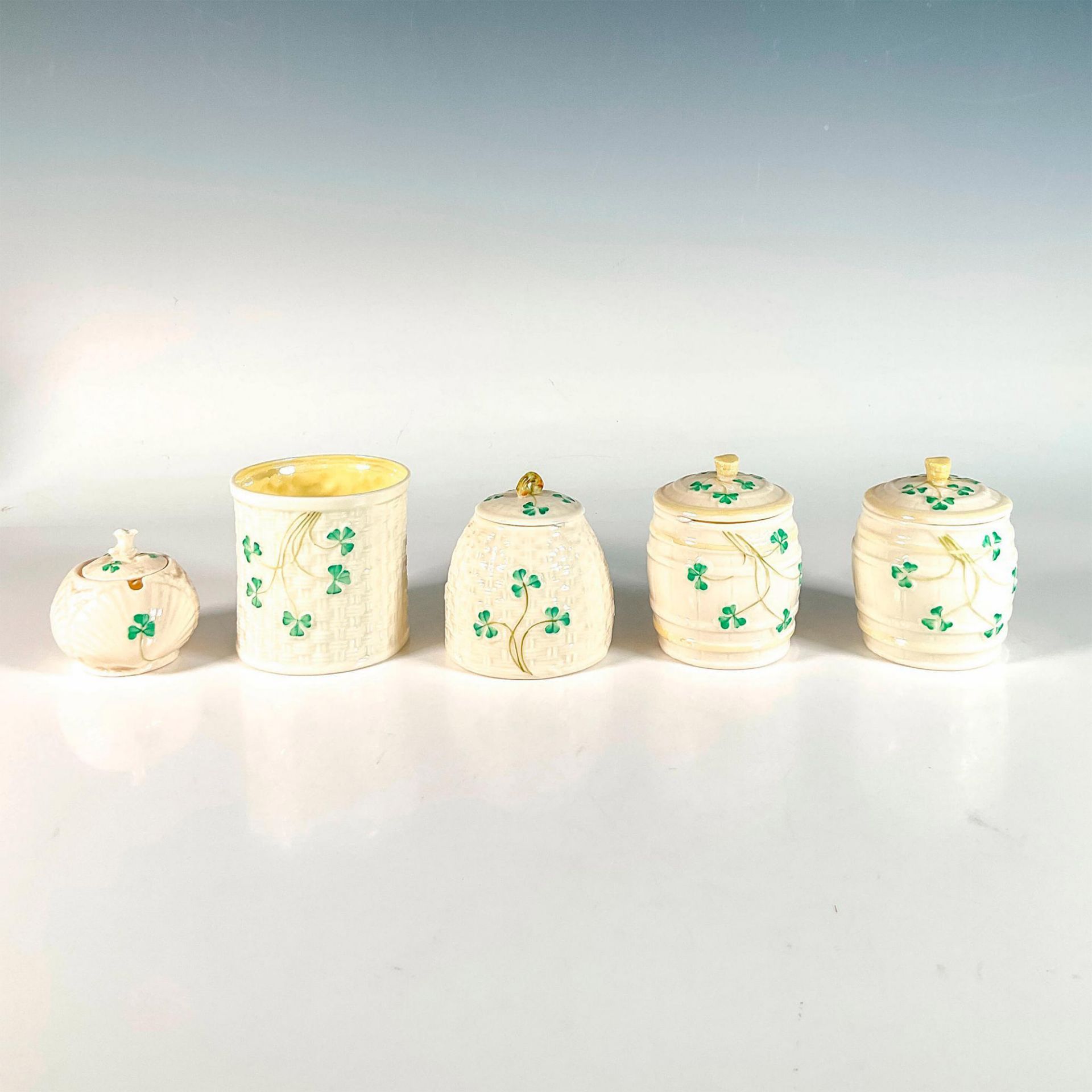 5pc Belleek Porcelain Marmalade Jars, Shamrock - Bild 2 aus 4