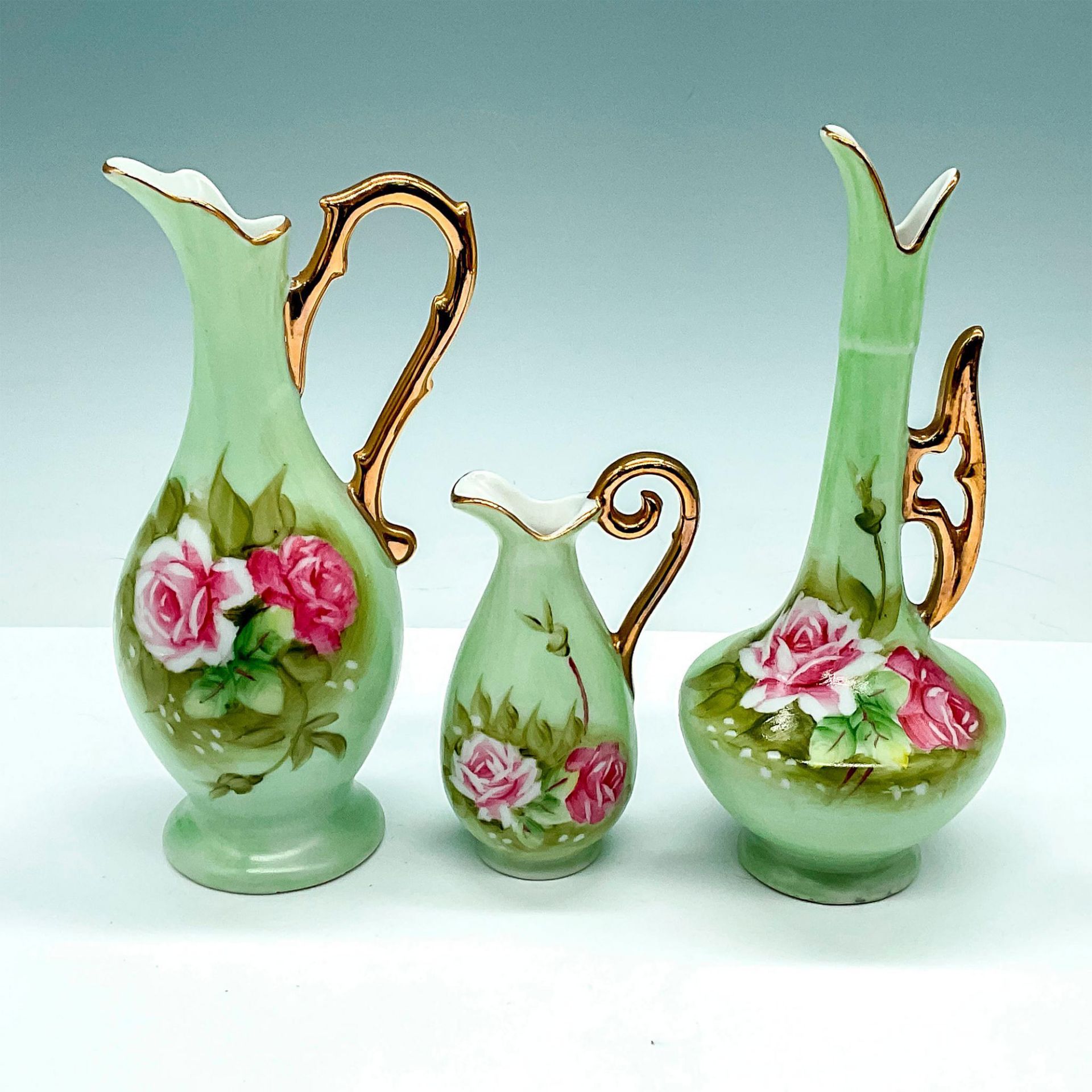 3pc Lefton Porcelain Ewers, Hand Painted Green with Roses