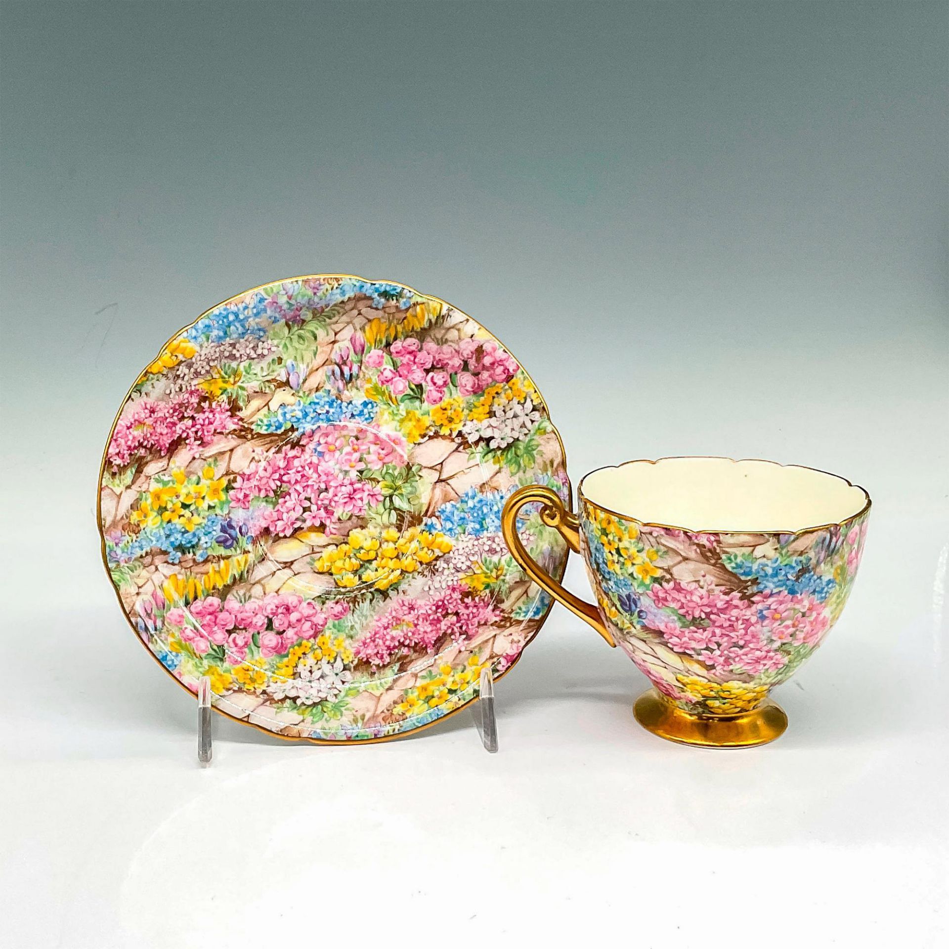 2pc Shelley Bone China Teacup and Saucer, Rock Garden - Image 2 of 3