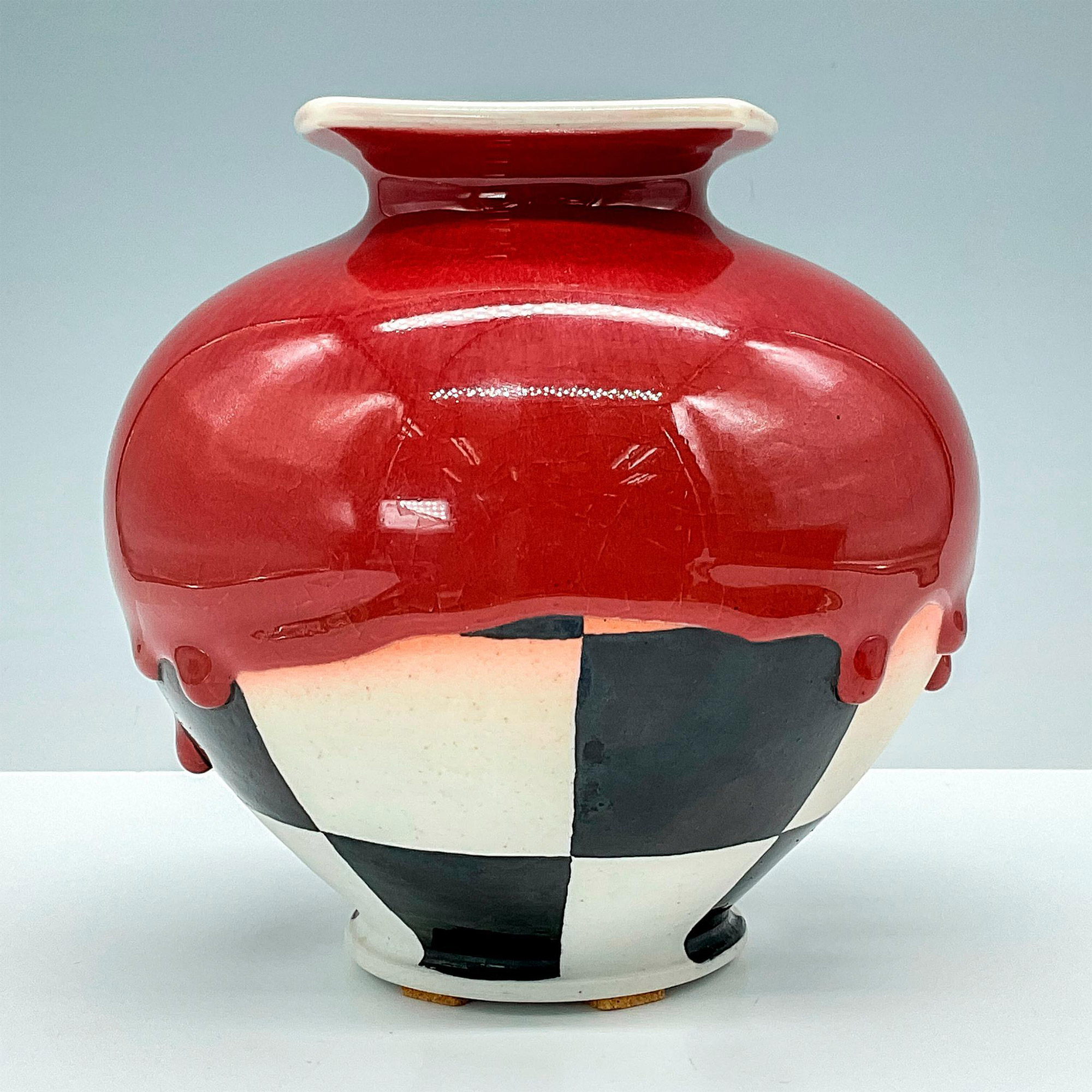 JS Cummings Art Pottery Checkered Vase with Red Drip