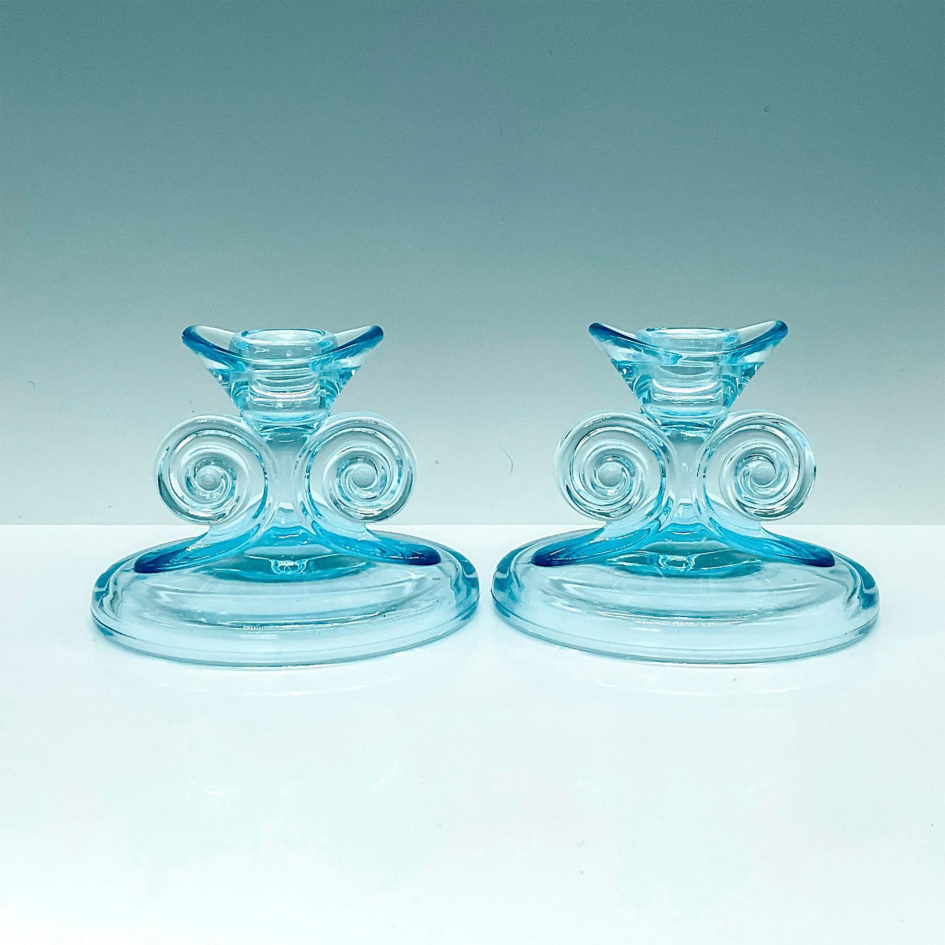 Pair of Fostoria Glass Candlesticks in Blue June Pattern