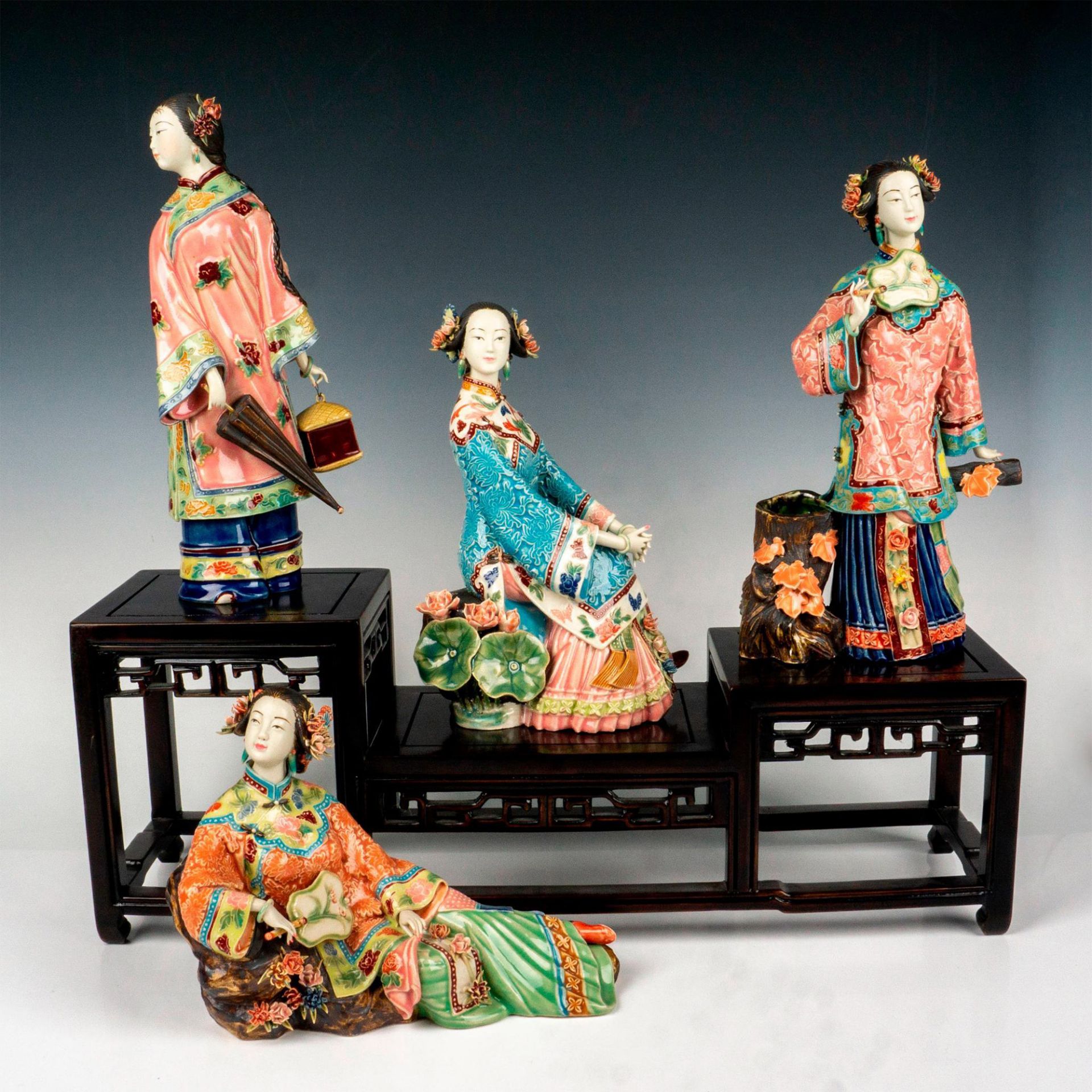5pc Chinese Ceramic Glazed Maiden Figurines w/Display Base