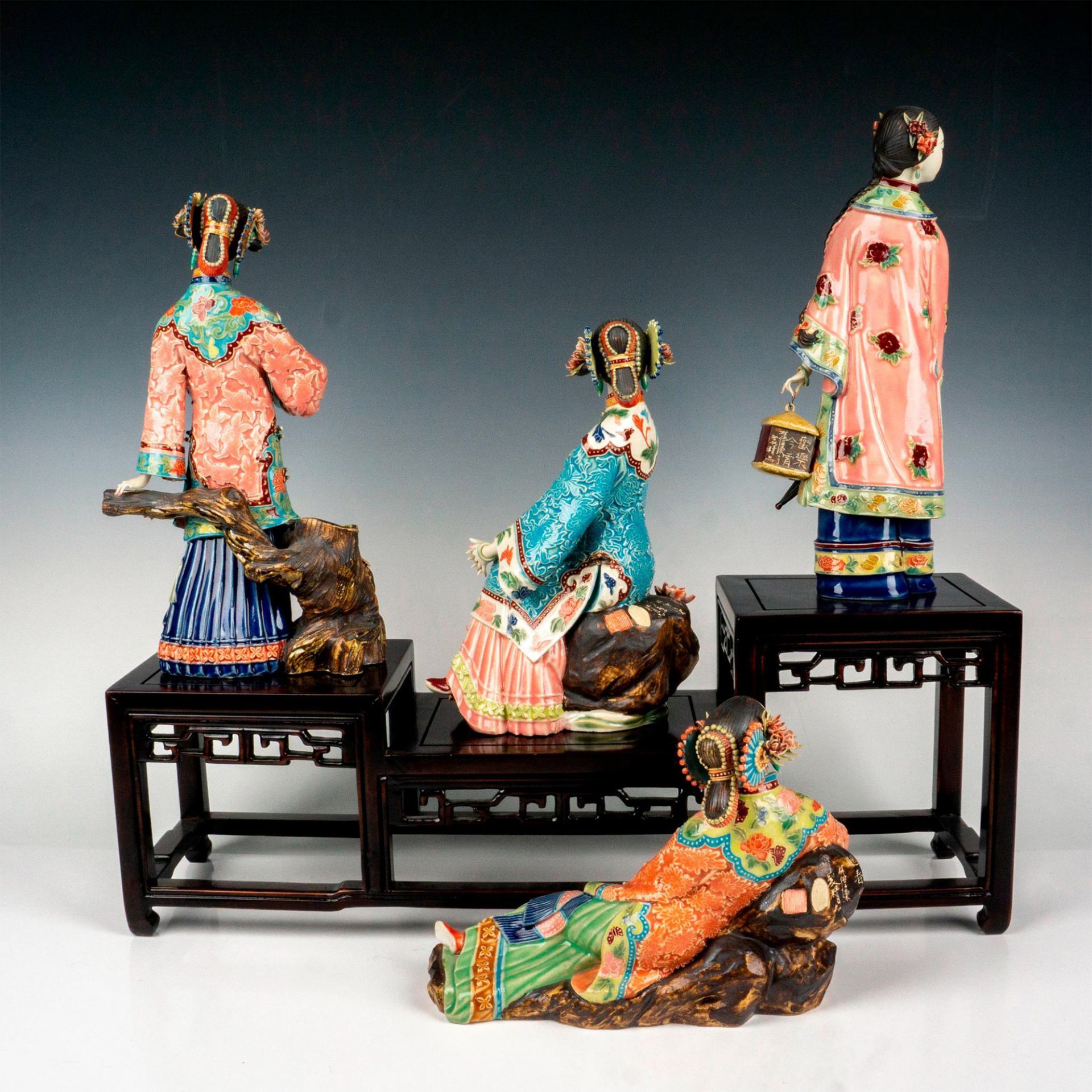 5pc Chinese Ceramic Glazed Maiden Figurines w/Display Base - Image 2 of 5