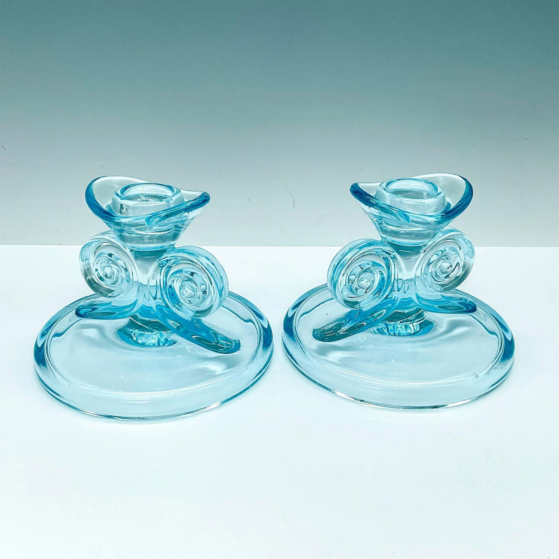 Pair of Fostoria Glass Candlesticks in Blue June Pattern - Image 2 of 3