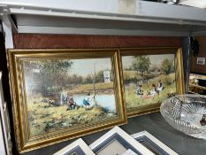 PAIR OF CHILDREN BY THE RIVER GILT FRAMED PICTURES