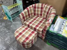 CHECKED FABRIC TUB CHAIR & FOOTSTOOL (NEW)