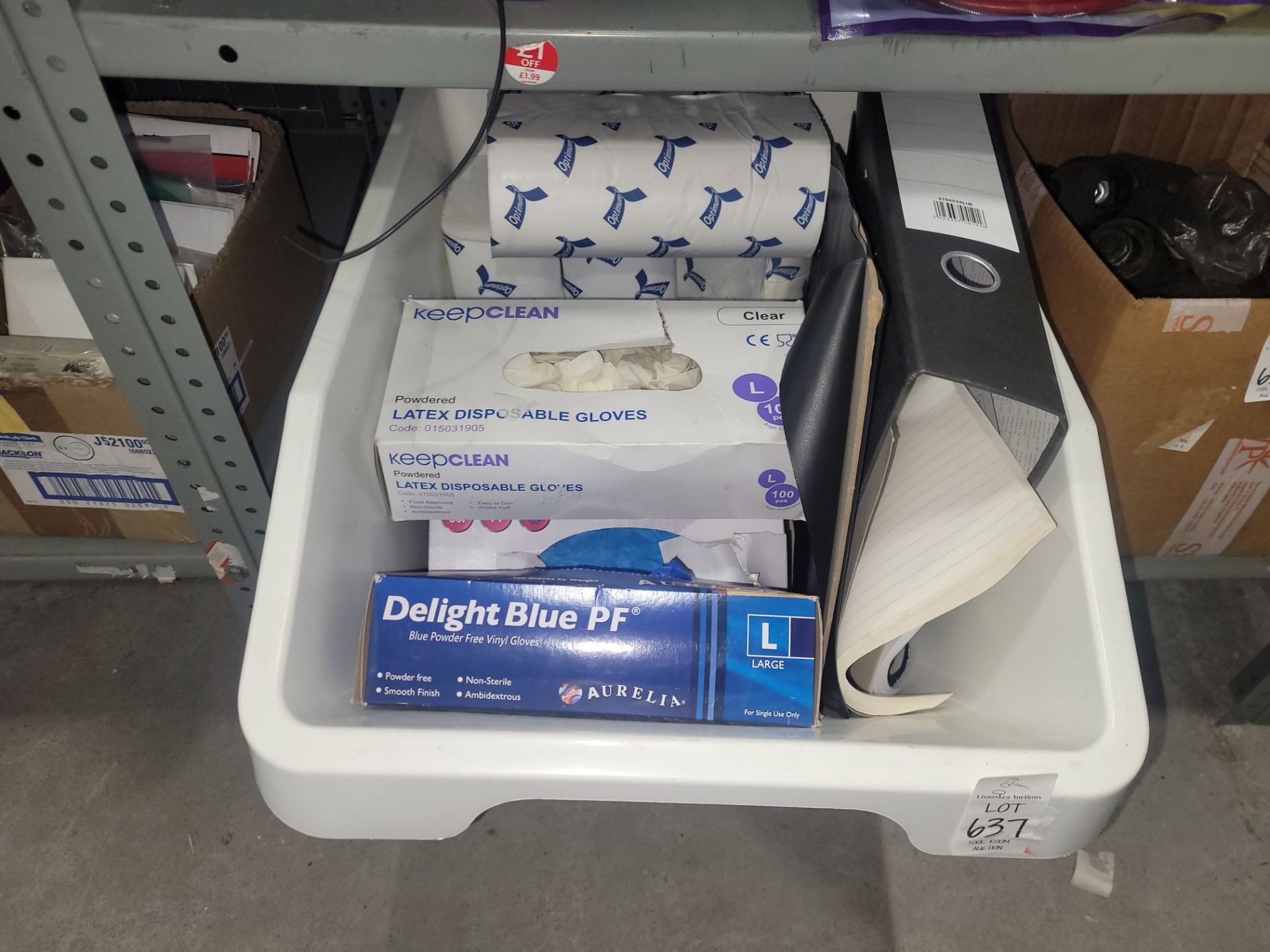 WHITE PLASTIC TUB WITH GLOVES/CLEANING TISSUE/CONTENT