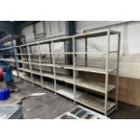 6X BAYS OF 5-TIER STEEL SHELVING (38" x 24" SHELVES) (79" HIGH) (TOTAL APPROX LENGTH 20FT) (7X