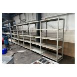 6X BAYS OF 5-TIER STEEL SHELVING (38" x 24" SHELVES) (79" HIGH) (TOTAL APPROX LENGTH 20FT) (7X