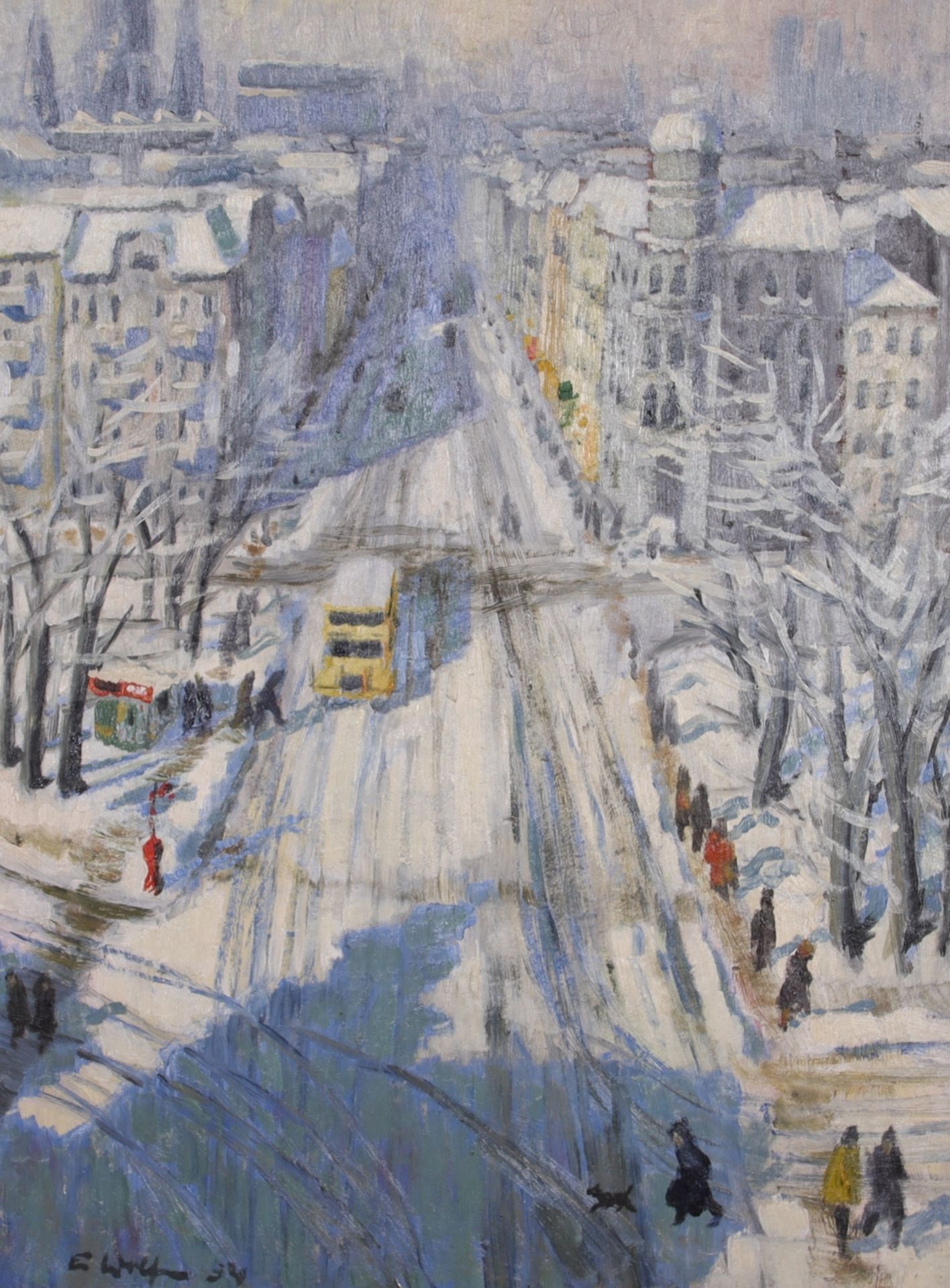 Wolf, Elisabeth (1873-1964)Berlin street view in winter, (19)34oil on hard fibresigned lower