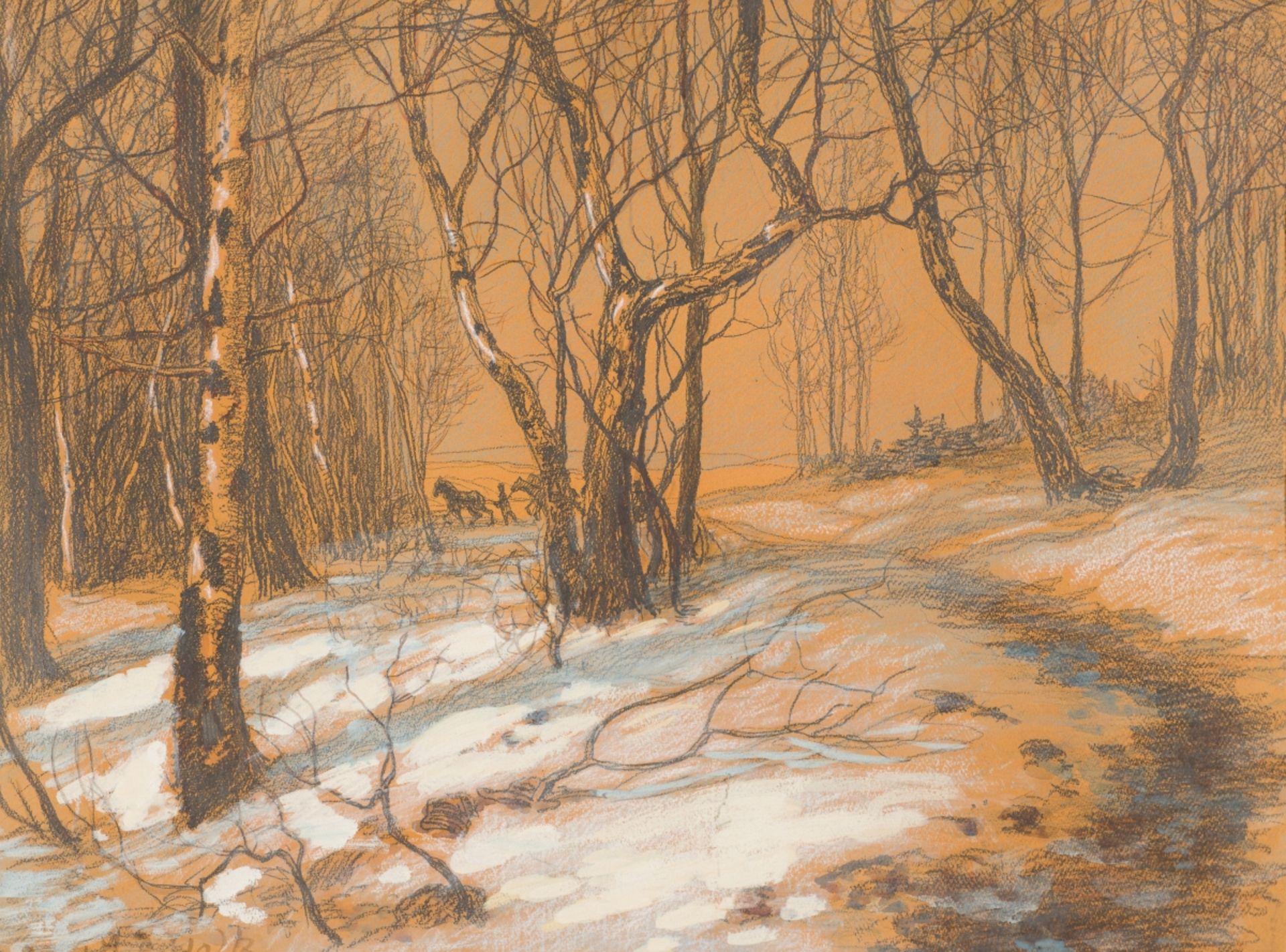 Goltz, Alexander Demetrius(1857-1944)The Vienna Woods in winter carbon and chalk on wooden