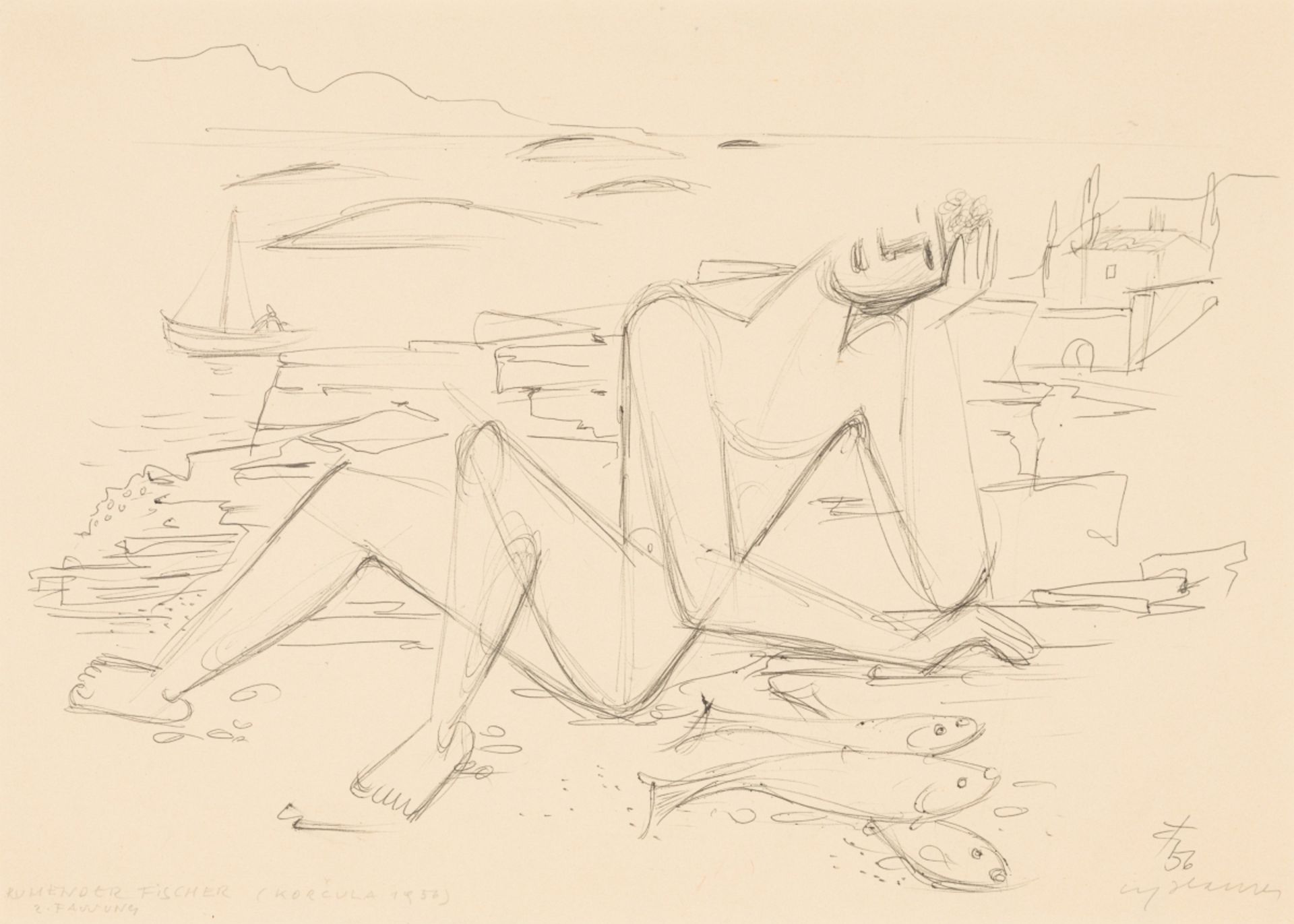 Hauser, Carry(1895-1985)Design for Resting Fisherman (Korcula 1956), (19)56biros on papersigned ,