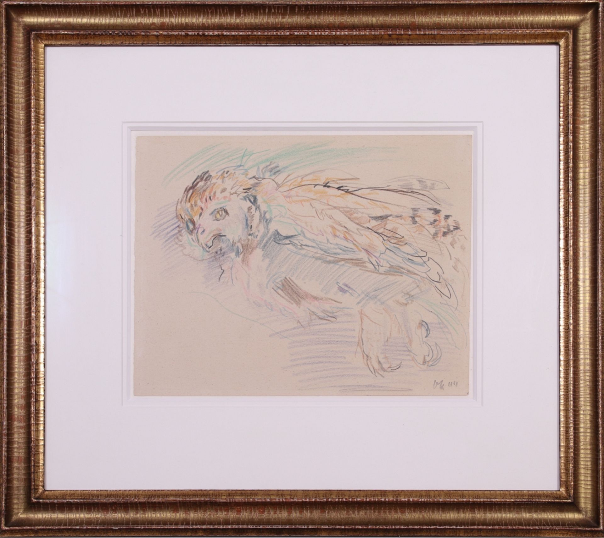 Kokoschka, Oskar(1886-1980)Owl, (19)44coloured pencil on paper, mounted on Japanese papermonogrammed - Image 2 of 4