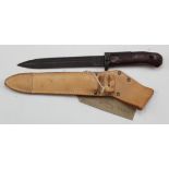 Czech VZ-57 assault rifle knife bayonet (long tang model) in its leather scabbard stamped "OTK1". In