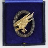 German Fallschiermjager Paratroopers War badge in case maker marked G H Osag Dresden.