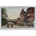 Railway station postcard. Brondesbury, North London Metropolitan Railway exterior, passengers, steam