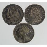 Sixpences (3): 1711 Fine, 1757 VF, and 1758 VF, all toned.