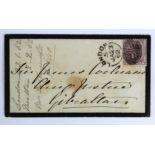 GB - 1862 mourning cover to Gibraltar franked 6d pale lilac stamp SG.70.