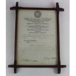 Royal Humane Society framed certificate presented to Richard Stannard for his action on 7th