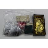 Immitation Spade Half Guinea counters, quantity in original box, plus 61 other tokens, medallions