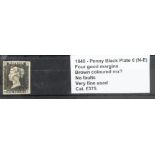 GB - 1840 Penny Black Plate 6 (N-E) four good margins, Brown coloured MX?, no faults, VFU, cat £375