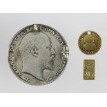 GB & World (3): Spain gold 1/2 Escudo 1775 S CF, KM# 415.2, 1.64g, holed Fine; Japan gold/electrum 2